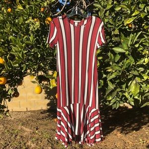 Burgundy & white striped cotton shift midi dress